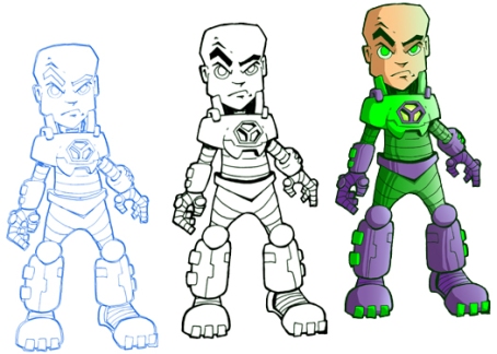 The 3 stages of Lex Luthor- Pencil, ink and Color.